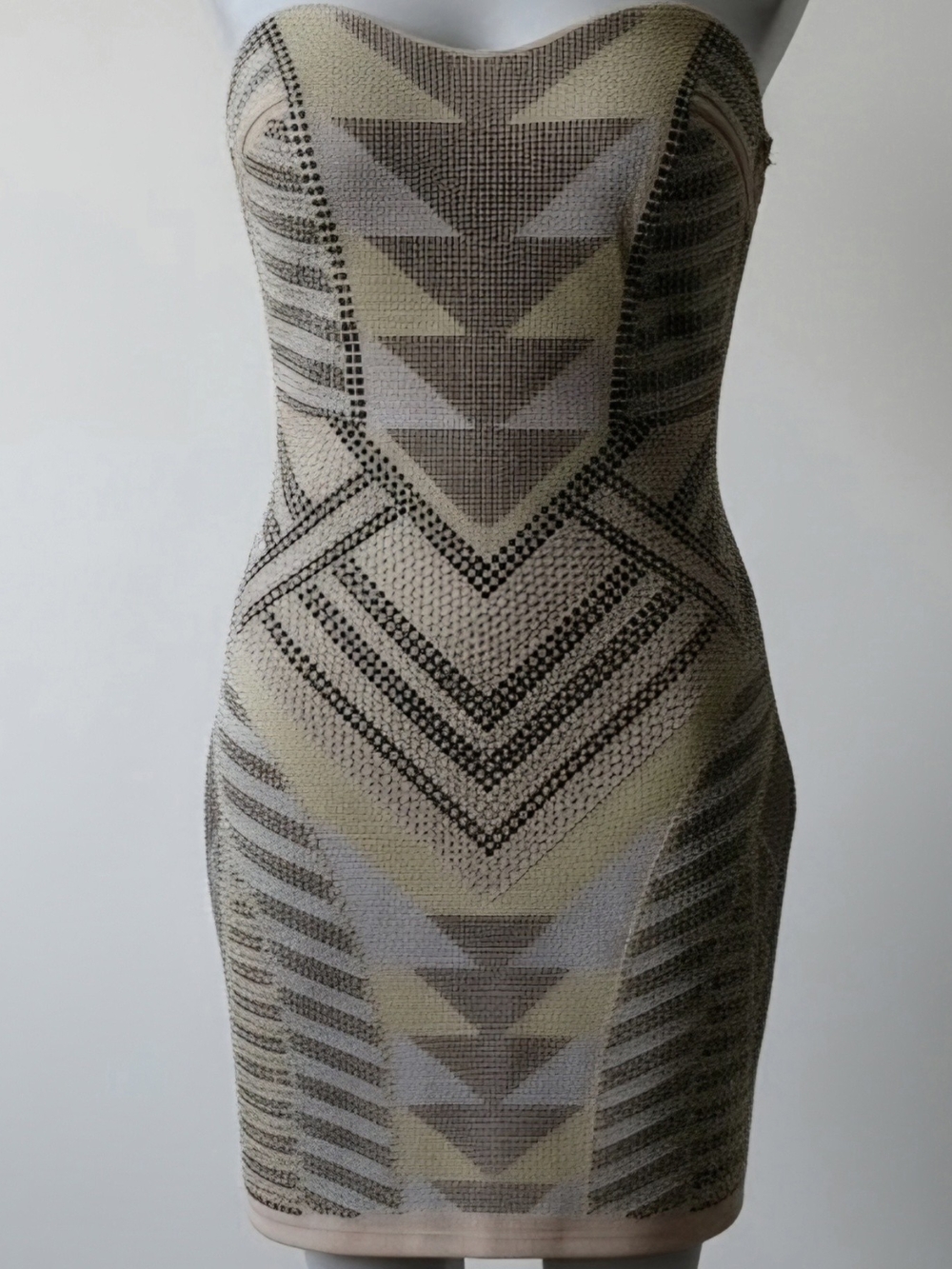 Size S Wet Seal Strapless Geometric Bodycon Dress in Beige and Taupe
